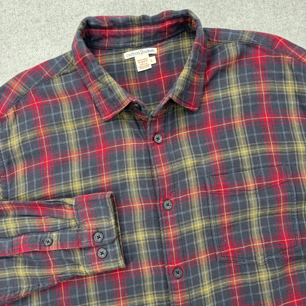 Carbon2Cobalt Flannel Shirt Mens Large Red Blue Plaid Lined Double Knit Cotton